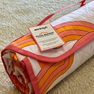 Society6 Retro Rainbow Picnic Blanket with Carrying Handle Quilted Outdoor Throw